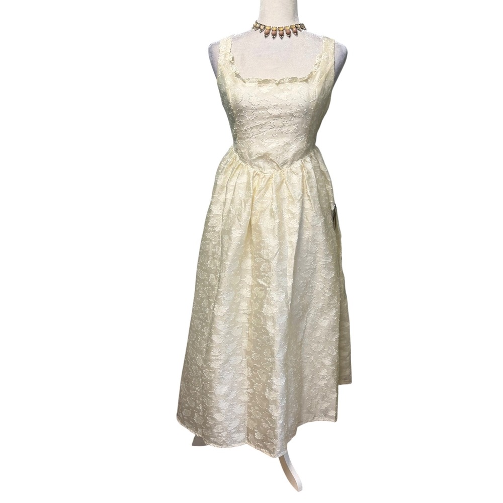 Lulus Dress Women M‎ Basque Cream Floral Jacquard Ruffle Square Neck Midi A-Line - Picture 10 of 11